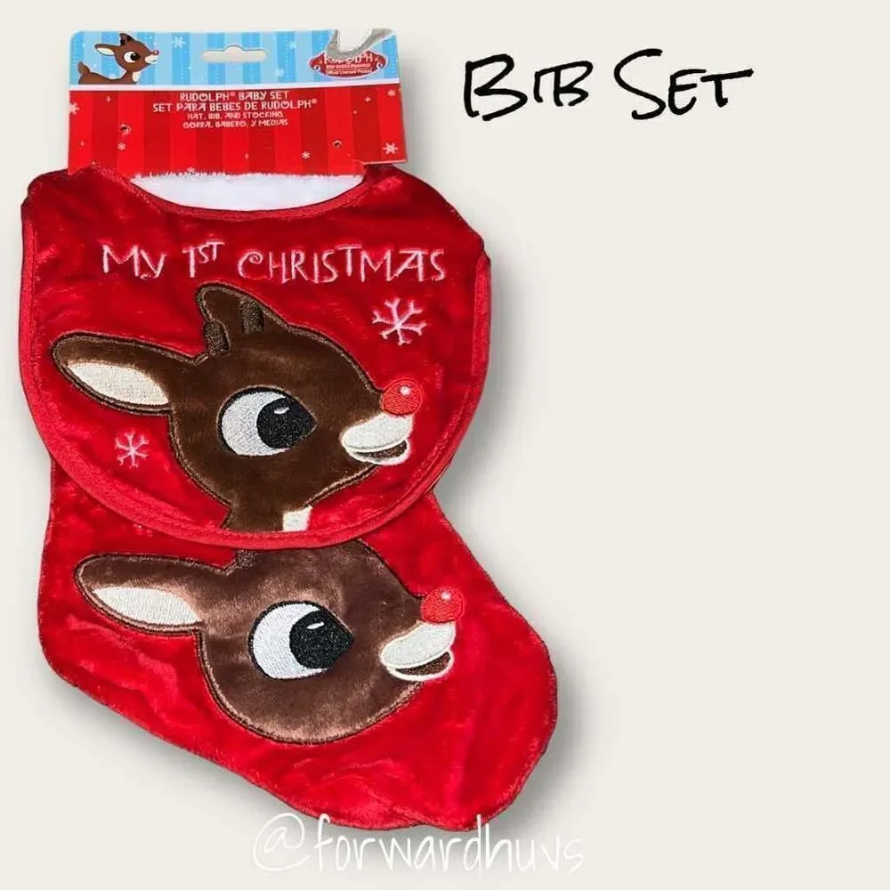 Vintage Rudolph First Christmas Bib and Stocking Set (No Hat)